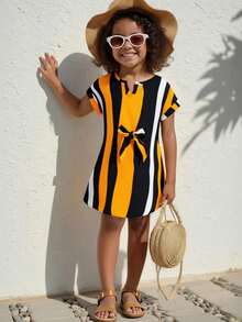 SHEIN 小女童撞色缺口領蝙蝠袖繫腰帶連衣裙 - 彩色 - 查看 1