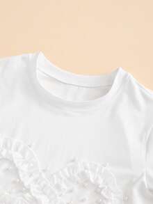 SHEIN 少女圆领仿珍珠装饰短袖T恤搭配蝴蝶结装饰牛仔裤，休闲套装，适合约会、购物及其他场合。 - 彩色 - 查看 4
