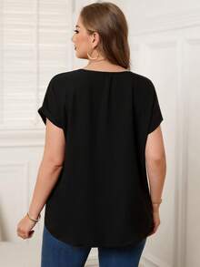 EMERY ROSE Plus Guipure Lace Yoke Cuffed Sleeve Top - Black - View 6