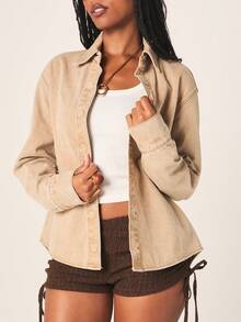 MISSGUIDED Kemeja Denim Beige Wanita dengan Detail Ikat Leher, Lengan Panjang, Kancing Depan, Kerah, Model Vintage Wash, Pakaian Kasual Musim Gugur dan Musim Semi. - Khaki - View 4