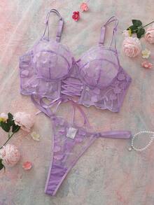 2pcs Romantic Embroidered Hollow-Out Cross Strap Underwire Bra Set - Mauve Purple - View 3