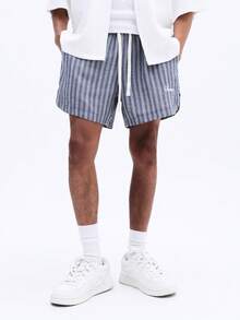SUMWON Men's Striped Curve Hem Casual Summer Shorts With Drawstring Waist And Side Pockets Relaxed Fit Vacation Wear - Blue and White - View 4