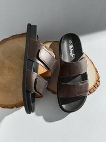 SHUZIA #ModernMinimal Men's Soft Footbed Twin-Band Hook And Loop Premium Faux Leather Coffee Slide Sandals – Clean Lines, Plush Comfort & Effortless Style - Coffee Brown - View 5