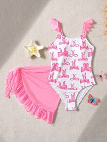 SHEIN Tween Girl 2pcs Knitted Swimwear Set, Cute Bow Print, Shoulder Strap Design, Ruffle Hem, Suitable For Swimming, Vacation, Beach Wear, Children Swimwear Set, Summer Holiday, Pink Bodysuit Swimwear - Pink - View 4