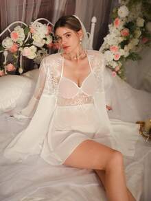 2pcs Sexy Chiffon Camisole Dress & Robe Sleepwear Set For Women - White - View 5