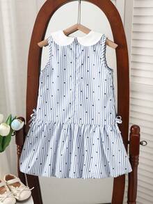 Young Girl Polka Dot & Striped Print Sleeveless Ruffle Hem Dress - Multicolor - View 2