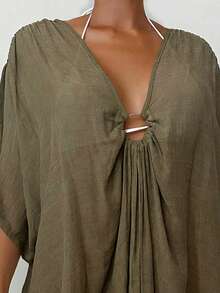 SHEIN Swim Áo khoác bikini tay ngắn cổ chữ V dáng rộng mùa hè - Màu nâu  Mocha - Xem 3