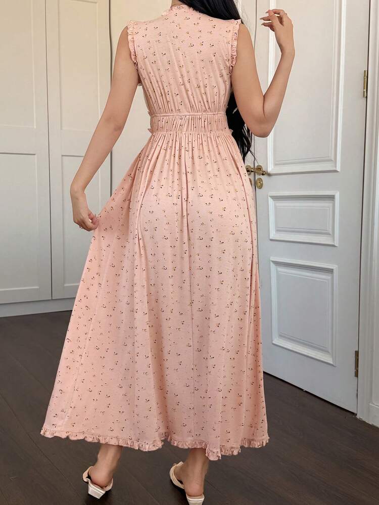 Sweet Ditsy Floral Frill Trim V-Neck Cinching Waist Long Dress, Women Summer Sleepwear
