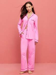 LUVLETTE 柔软棉质撞色滚边基础款纽扣上衣和裤子粉色家居服睡衣套装，裤子带口袋，女士家居服套装，情人节礼物睡衣 - 粉色 - 查看 9