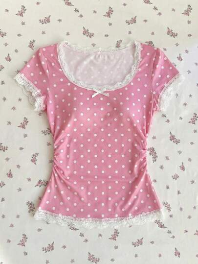 Elamini Elegant Women's Cute Pink T-Shirt With Bow Tie And Polka Dot Lace. Perfect Summer Holiday Outfits.