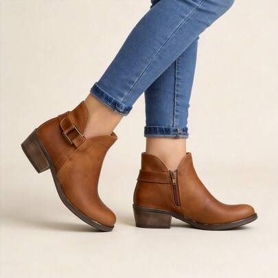 Botines Mujer 100% Piel Casual Cómodos Cuero Sintético Color Camel Tacón Bajo Hebillas Laterales Cremallera Moda Otoño Invierno Jeans Elegantes Básicos Resistentes Suela Antiderrapante Urbanos Versátiles Oficina Diario