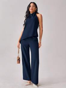 Aveloria Modichic Women's Solid Color Backless Halter Top And Wide Leg Pants Two Pieces Set Elegant Business Casual Women  - Blue - View 5