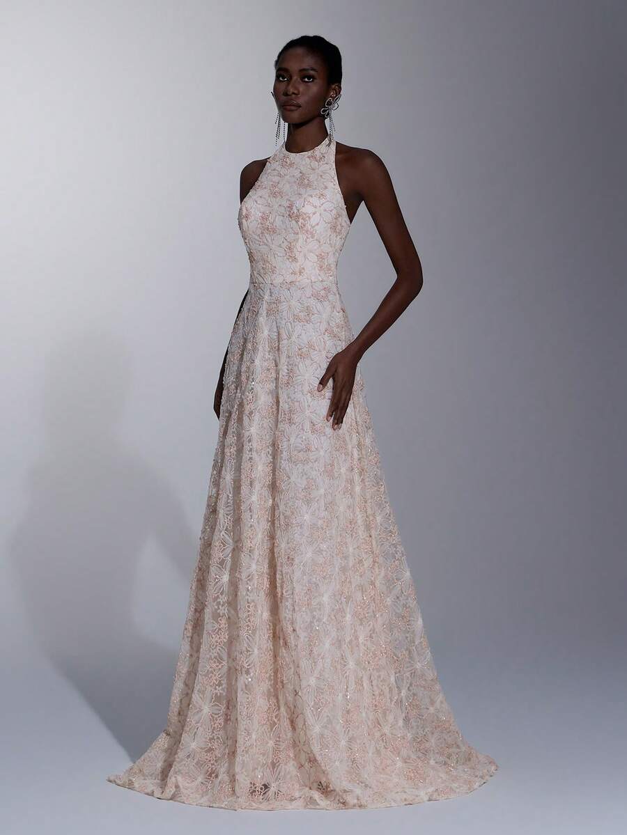 Elitara Elegant, , Fashionable Pink Sequin Embroidered Fabric Halter A-Line Long Party Dress, Wedding Guest Holiday Bridesmaid Evening Gown