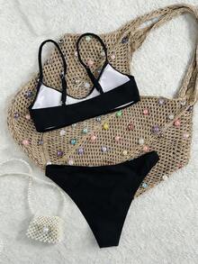 Swim Mod Set de 2 piezas Traje de baño de microbikini con top de tirantes finos y Bottom ajustable de unicolor negro, sexy y lindo para vacaciones, playa/piscina/fiesta - Negro - Ver 2