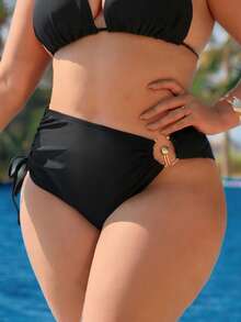 Swim Lushoire New Plus Size Women High Waist Drawstring Solid Black Triangle Bikini Bottom With Metal Decor - Black - View 4