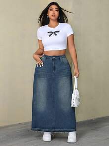SHEIN ICON Váy denim dài dáng rộng, thoải mái, chất liệu denim mài. - Rửa tối - Xem 3
