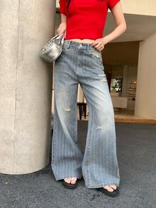 DAZY Quần jeans ống loe nữ kiểu Hàn Quốc, chất liệu có họa tiết, thích hợp cho những dịp thường ngày. - Màu xanh lam - Xem 8