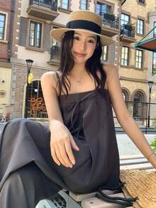 DAZY 女士简约优雅系带吊带背心和阔腿长裤两件套，韩版夏季短款套装 - 灰色 - 查看 8