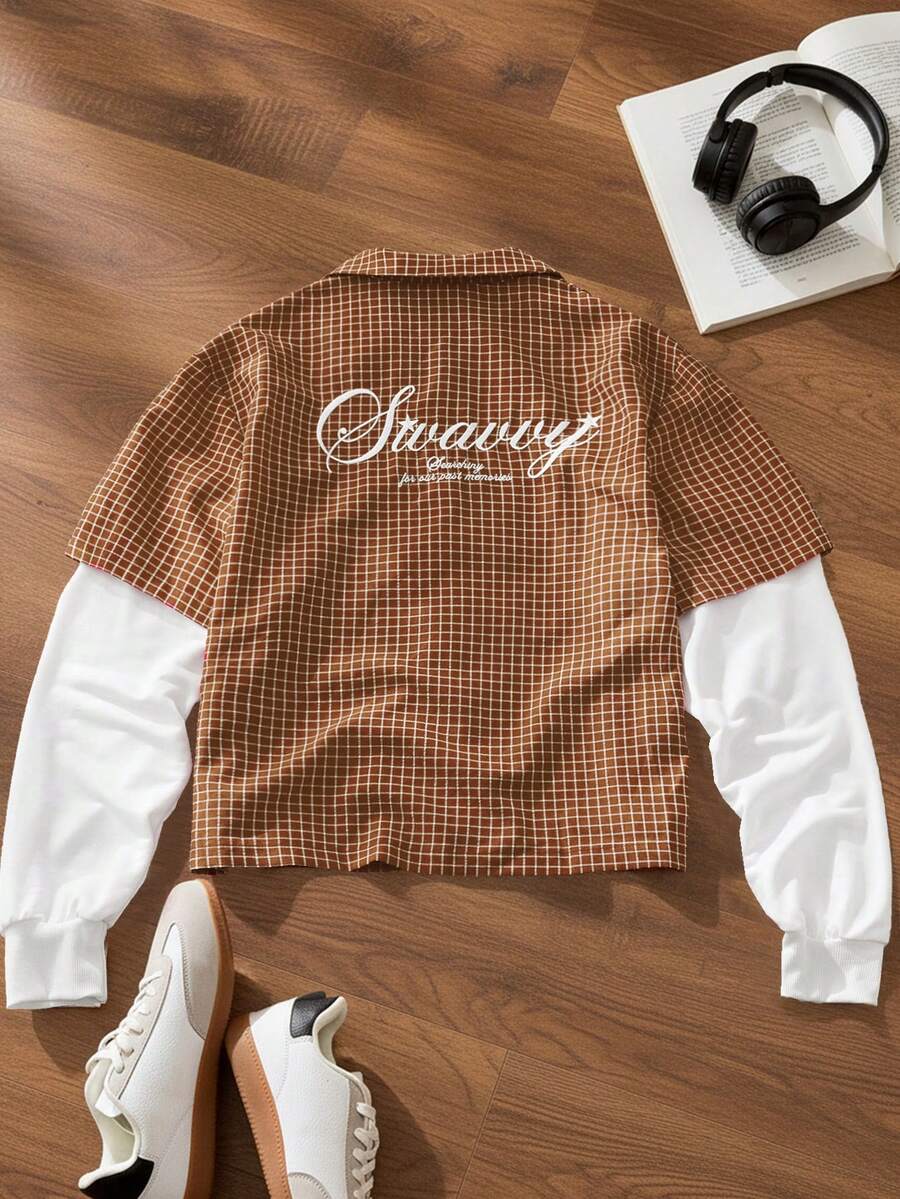 SWAVVY Men's Letter Embroidery Plaid Print 2 In 1 Shirt - Brown - View 1