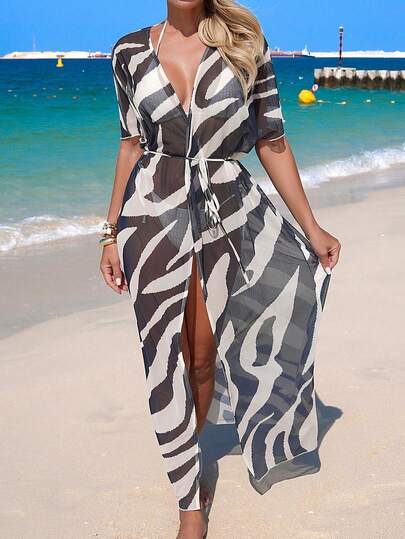 Swim Vcay Áo khoác kimono dài mỏng nhẹ họa tiết da báo dành cho nữ, thích hợp cho kỳ nghỉ hè.