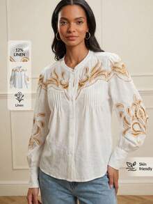 Lilora Blusa de manga larga con cuello redondo, de apertura frontal suelta, con diseño plisado bordado con calados dorados, de lino blanco antiguo casual de vacaciones, elegante, sexy, para invitada de boda, vintage, fiesta, primavera, vestido de gala para noche de graduación, de primavera a verano, vacaciones de verano. - Albaricoque - Ver 3