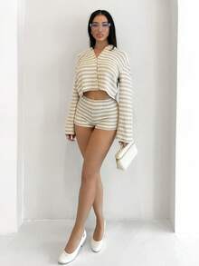Shopreo Women's Striped Casual Button Front Top And Shorts 2 Pieces Set,Fall Clothes For Women - Apricot - View 1