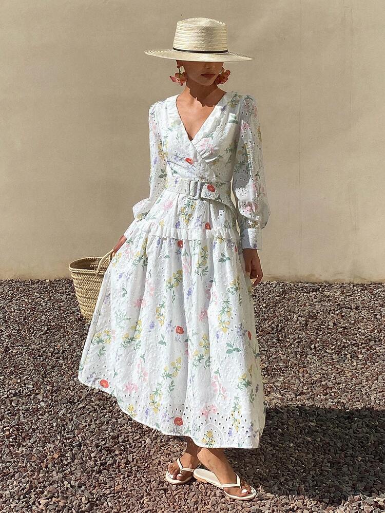French Elegant Lace Trim Crossover V-Neck High Waist Belted Dress Sundress Boho