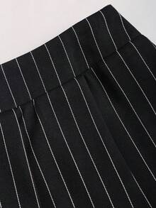 Sweetra Minimalist Casual Black Striped Fitted Asymmetric Shoulder Blazer Vest Paired With A-Line Box Pleat Skirt Women's Suit 2-Piece Set - Black and White - View 3