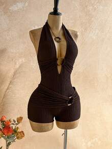 Soleia 新款波西米亚风露背金属串珠纹理连体裤，优雅度假装扮，适合海滩婚礼宾客、毕业早午餐、圣帕特里克节、春假、复活节、音乐节等场合。 - 咖啡棕 - 查看 5