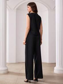 Modelyn 2pcs Women's Fashion Studded 3D Floral Beaded Vest And Casual Long Pants Set, Spring/Summer - Black - View 7