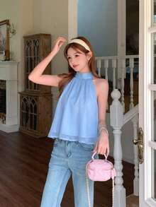 SHEIN TEENGIRL Elegant Sweet Blue Chiffon Halter Neck Top, Bowknot Decor Halter Neck Blouse,Kids - Blue - View 3