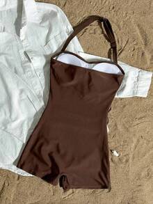 SHEIN Teen Girl Black One-Piece Halter Ruched Swimsuit, Minimalist Fitted Swimwear - Brown - View 6