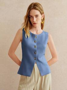 SHEIN Unity 女款休閒/通勤純色單排扣針織開襟衫，夏季女式辦公室工作服女裝 - 霧霾藍 - 查看 5