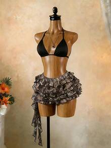 SaltGleam SaltGleam Women's Elastic Waist Leopard Print Layered Ruffle Trim Fashionable Skirt - Multicolor - View 5