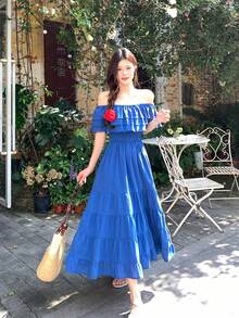 DAZY 女士露肩韩式荷叶边连衣裙 - 藍色 - 查看 5