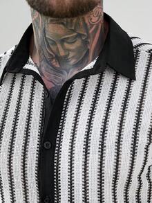 Manfinity CasualCool Men's Striped Polo Collar Single-Breasted Casual Versatile Daily Wear Short Sleeve Shirt - White - View 7