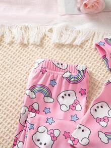 4pcs Baby Girl Knitted Round Neck Short Sleeve Top And Allover Print Pants Set, Casual Snug Fit Pajamas Homewear - Multicolor - View 6