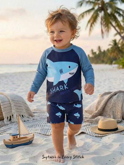 Cozy Pixies Conjunto de 2 piezas para bebé niño/niña con estampado de tiburón de punto suave, top de cuello redondo de manga larga y pantalones cortos de cintura elástica, adecuado para vacaciones de verano, playa, natación