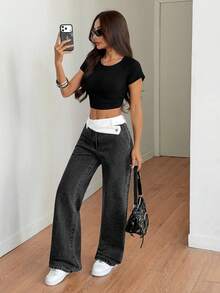 SHEIN Tall Women's Loose Straight Leg Jeans With Pockets, Versatile For Summer - Black - View 4