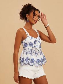 Travachic Women's Hollow Out Embroidery Tie Front Camisole Top For Vacation - Blue and White - View 7