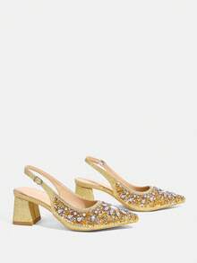 CUCCOO TILAWA Women's Cloth Square And Glass Rhinestone Decorative Pointed Women's High-Heeled Shoes, Suitable For Going Out, Banquets, Parties And Other Activities - Gold - View 6