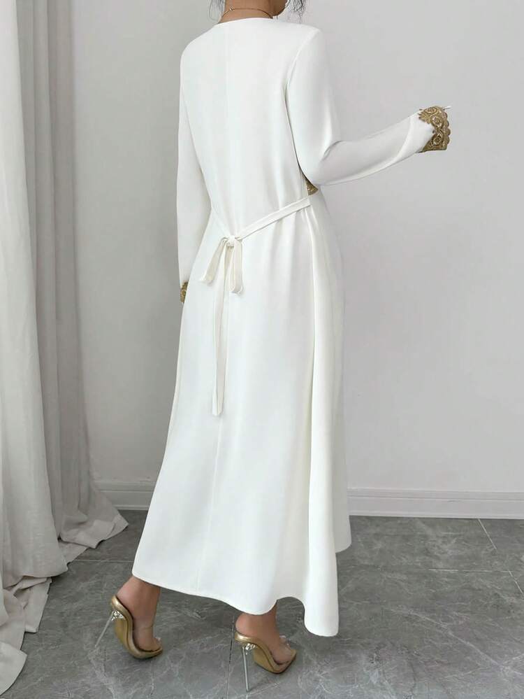 Women's Elegant Mid-Length V-Neck Long Sleeve Dress With Decorative Appliques,Valentine Outfits For Women Sundress