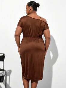 Levarali Plus Size Elegant Sexy Chocolate Brown Summer Dress For Curve, Asymmetrical Shoulder Sequin Embellished Strap Ruched Tulip Hem Cocktail Party Slit - Brown - View 2