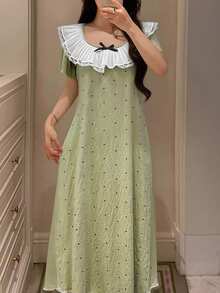 DAZY Polka Dot All-Over Print Ruffle Collar Short Sleeve Maxi Nightgown Dress, Women Summer Loungewear - Green - View 3