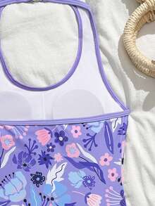 SHEIN 少女连体泳衣，可爱紫色、白色波点和粉色碎花印花，针织面料，可调节颈带，连体泳衣配短裤，两件套，时尚休闲优雅女士款，适合游泳、夏季度假、海滩、泳池、节日派对等场合。 - 紫色 - 查看 4