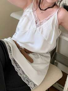 Dazy Plus Satin Contrast Lace V-Neck Long Casual White Camisole And Tank Top - White - View 5