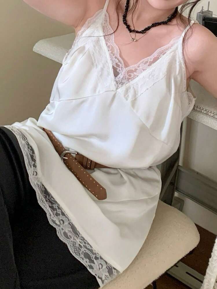 Dazy Plus Satin Contrast Lace V-Neck Long Casual White Camisole And Tank Top