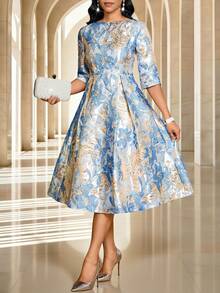 Fleurora 大码女式花卉提花V领七分袖优雅中长连衣裙 - 彩色 - 查看 6