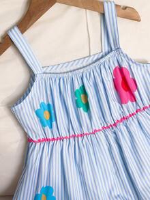 SHEIN 女童编织条纹休闲吊带连衣裙 - 藍色 - 查看 8