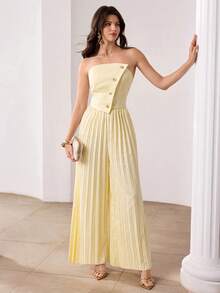 Modelyn Women's Sexy Asymmetric Strapless Backless Metal Button Pleated Leg Jumpsuit, Fashionable And Elegant For Summer - Yellow - View 3